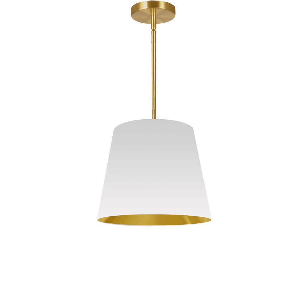Modern Gold and White Drum Pendant Light, 14" Wide