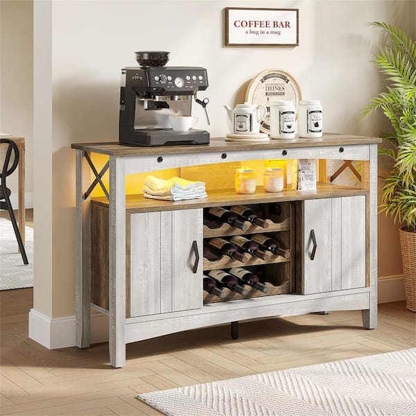 50 in. Wash White Versatile Sideboard and Bar Cabinet Combo with LED Lights Removable Wine Rack