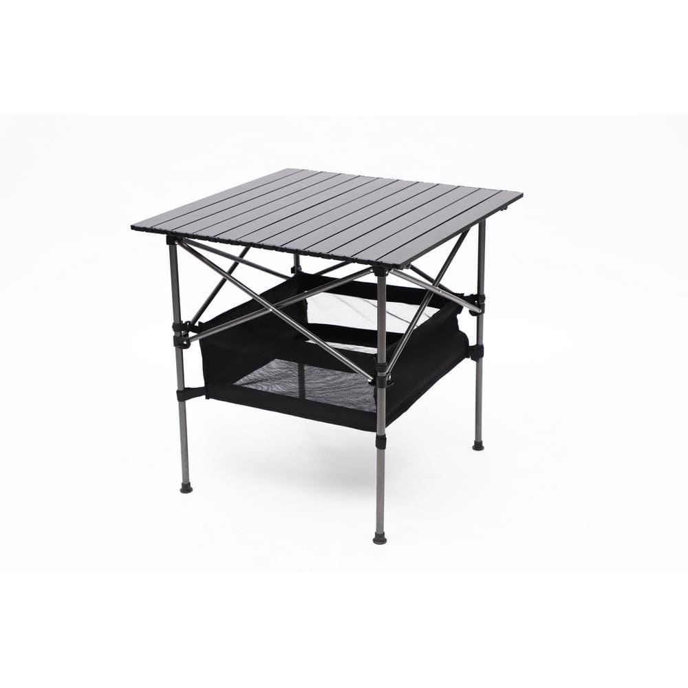 1-piece 27.56 in. W Black Aluminum Folding Outdoor Picnic Table with Carryi