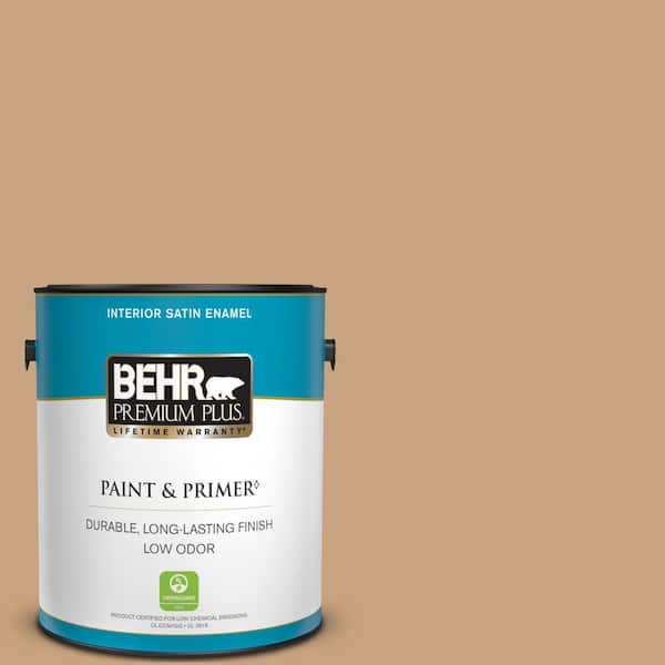 BEHR PREMIUM PLUS 1 gal. #S260-4 Pelican Tan Satin Enamel Low Odor Interior Paint & Primer