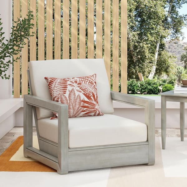 Light Gray 100% Acacia Wood Outdoor Patio Chaise Lounge with Beige Cushions