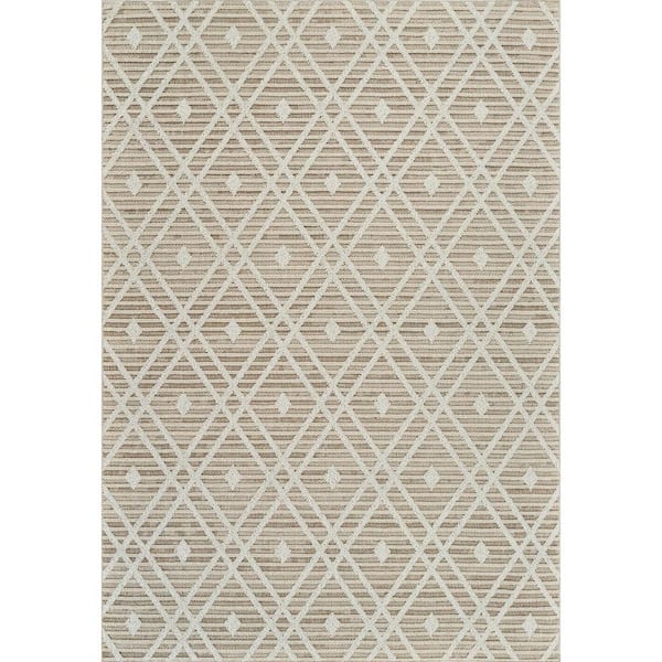 Cream, Brown 5 ft. x 8 ft. Woven Geometric Polypropylene Rectangle Indoor/Outdoor Area Rug