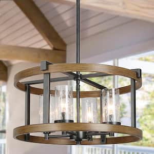 Oil-Rubbed Brown Farmhouse Chandelier Eniso 4-Light Modern Black Pendant Light with Seedy Glass and Wood Accent