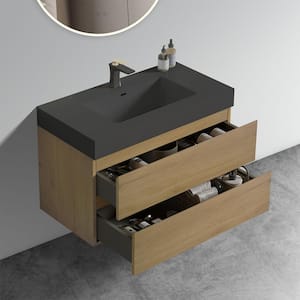 NOBLE 36 in. W x 18 in. D x 25 in. H Single Sink Freestanding Bath Vanity in Oak with Black Solid Surface Integral Top