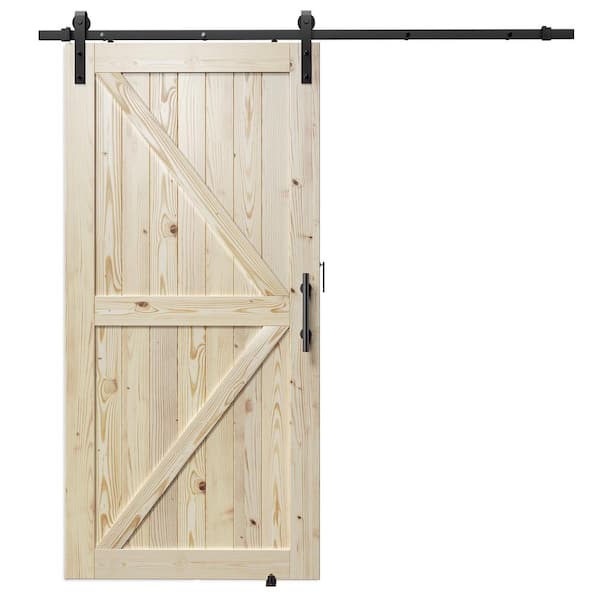 GOLDENPOLEY K Model 40 in. x 84 in. Unfinished Natural Solid Wood Interior Sliding Barn Door with Hardware Kit
