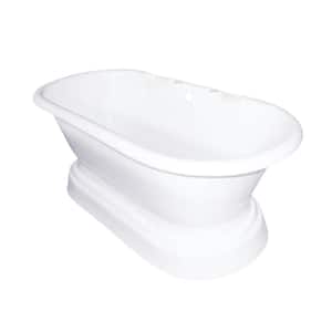 66 in. Cast Iron Double Slipper Pedestal Flatbottom Bathtub with 7 in. Deck Holes in White