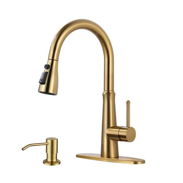 Single Handle Stainless Steel Pull Down Sprayer Kitchen Faucet with Soap Dispenser in Brushed Gold