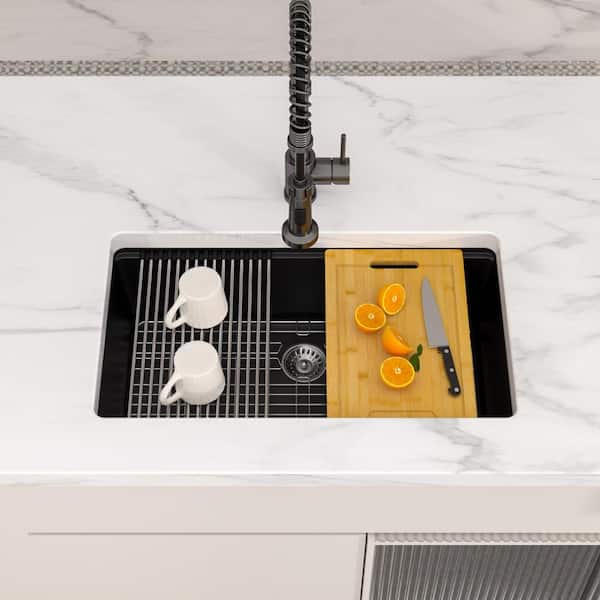 32 in. Undermount Sink Black Granite/Quartz Composite Single Bowl Workstation Kitchen Sink with Bottom Grid