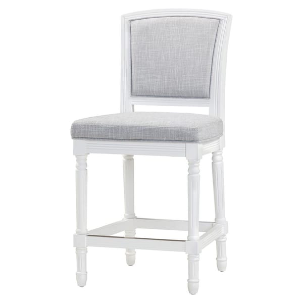 NewRidge Home Goods Charleston 26in. Counter-Height White Wood Bar Stool with Gray Upholstered Seat