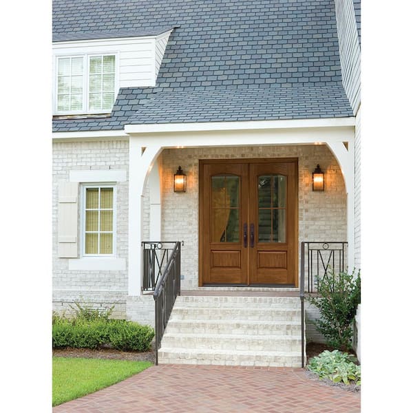 36 in. x 80 in. Right-Hand 4 Lite Clear Glass Mocha Stain Fiberglass Prehung Front Door with Brickmould