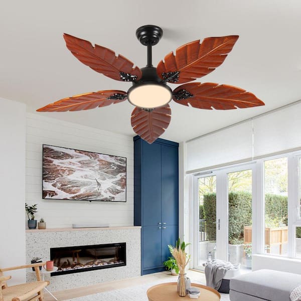 52 in. Brown Palm Leaf Tropical Downrod Mount Standard Ceiling Fan with Remote Control, Reversible