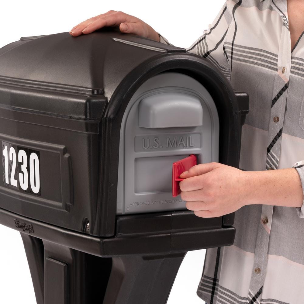 Classic Black Plastic Post Mounted Mailbox with Dual Access Doors