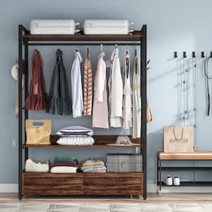 Cynthia Brown Freestanding Garment Rack with 2-Drawers, 6 Hooks, Storage Shelves and Hang Rod