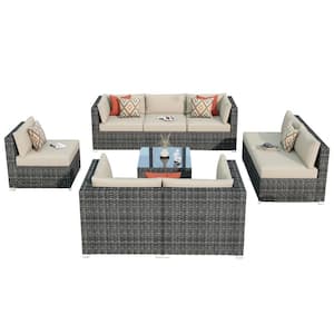Messi Grey 9-Piece Wicker Outdoor Patio Conversation Sofa Seating Set with Beige Cushions