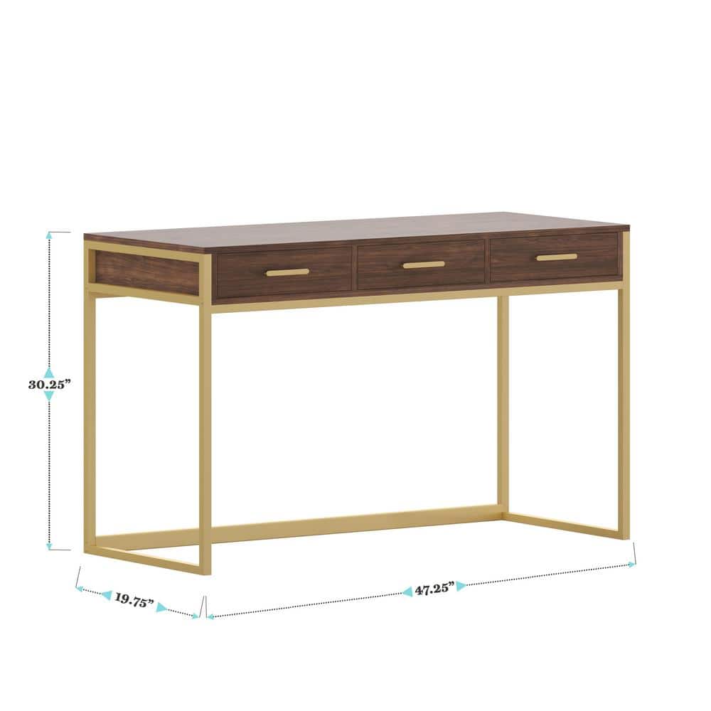 Walnut and Brass Modern Home Office Desk with Drawers