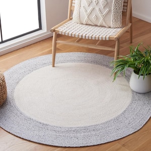Braided Ivory Light Gray Doormat 3 ft. x 3 ft. Abstract Border Round Area Rug