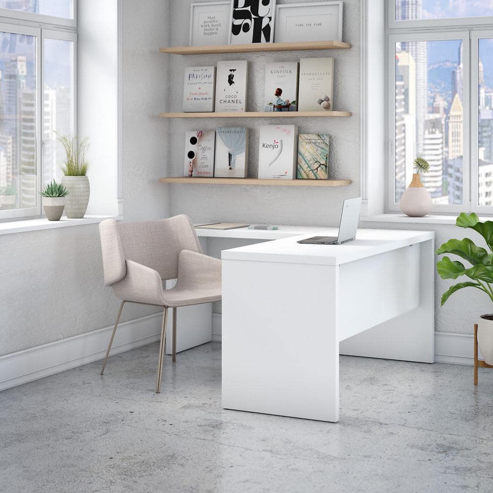 Pure White L-Shaped Corner Desk with Drawer and Filing Cabinet