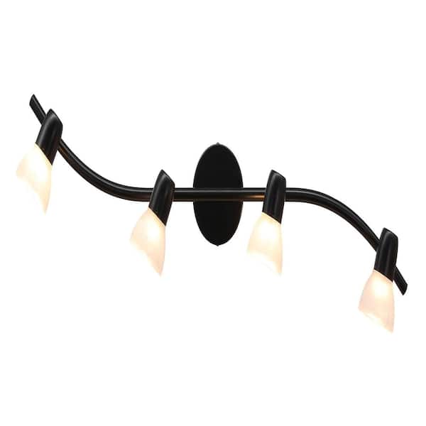 4-Light Matte Black Curved Track Lighting Kit with Alabaster Glass Adjustable Heads and GU10 Bulb Sockets