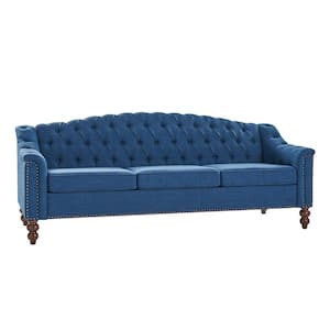 Carmen 83.75 in. W Traditional Polyester Button-Tufted Rectangle Sofa with Slope Arm and Solid Leg in Indigo