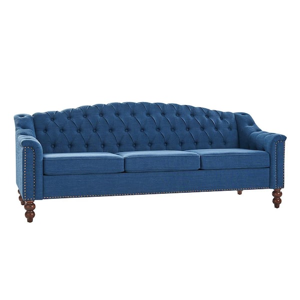 JAYDEN CREATION Carmen 83.75 in. W Traditional Polyester Button-Tufted Rectangle Sofa Slope Arm Solid Leg Indigo