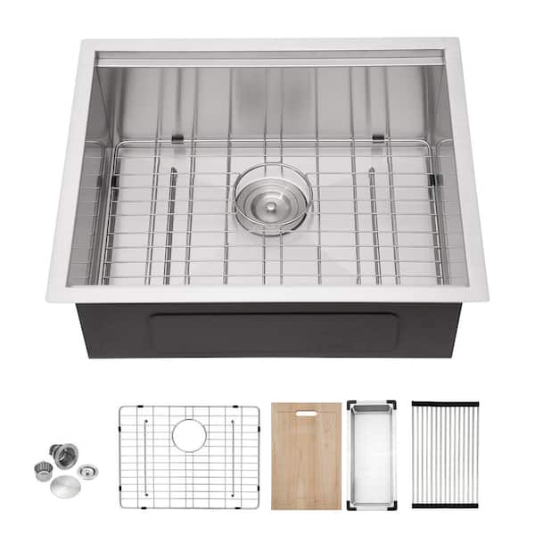 Sarlai 23 in. Undermount Single Bowl 18-Gauge Stainless Steel Right Angle Corner Workstation Kitchen Sink with Bottom Grid