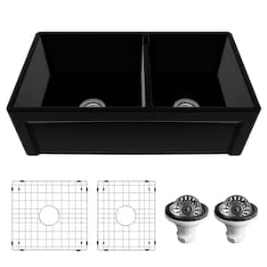 Fireclay 33 in. Farmhouse/Apron-Front 60/40 Double Bowl Matte Black Gloss Fireclay Kitchen Sink with Reversible Apron