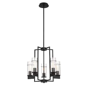 5-Light Matte Black Pendant with Clear Glass Shades