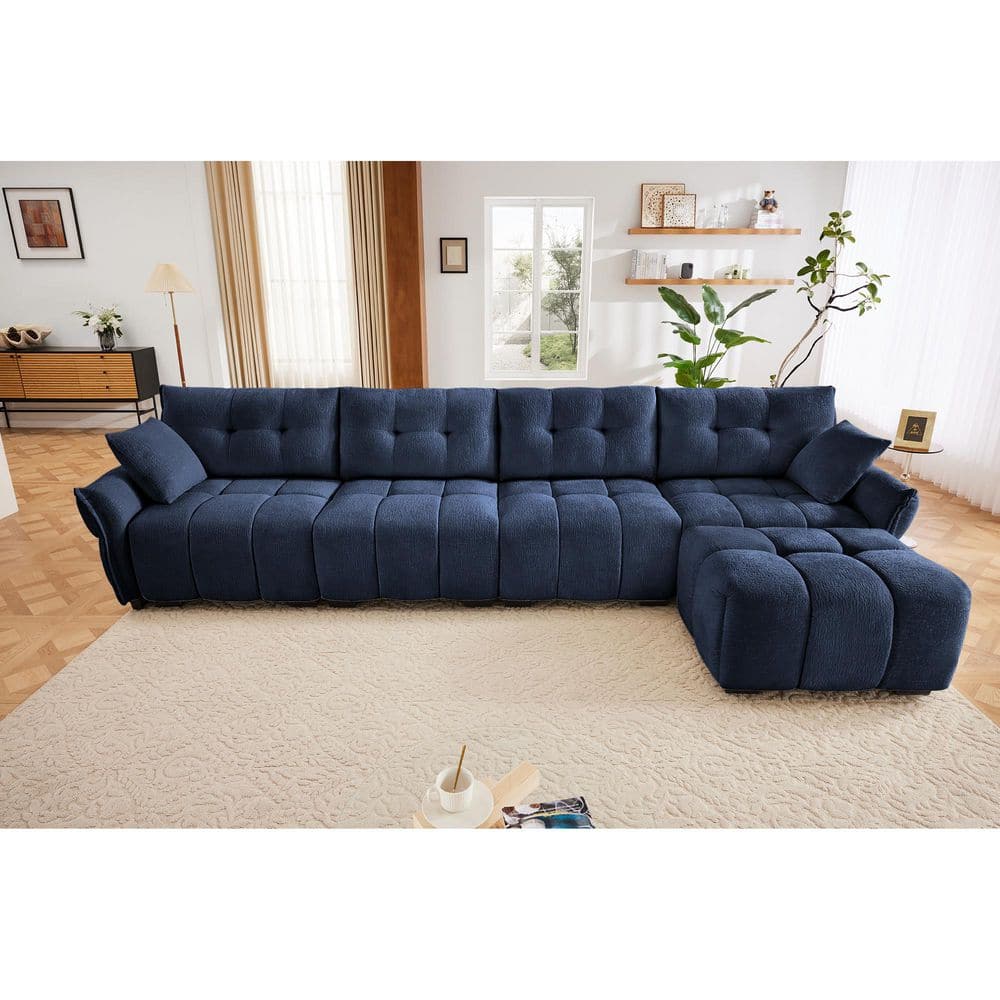 Tina 141.7 in. Flared Arm Chenille Upholstered Rectangle Sectional Sofa in. Blue with Ottoman, Throw Pillows
