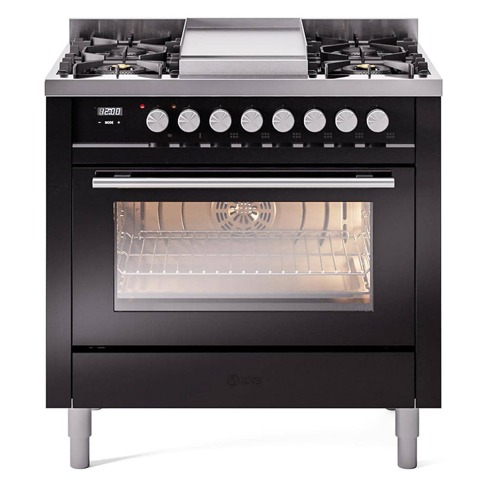 Professional Plus II 36 in. 6 Burner Plus Griddle Freestanding Double Oven Dual Fuel Range in Glossy Black -  ILVE, UP36FWMPBK