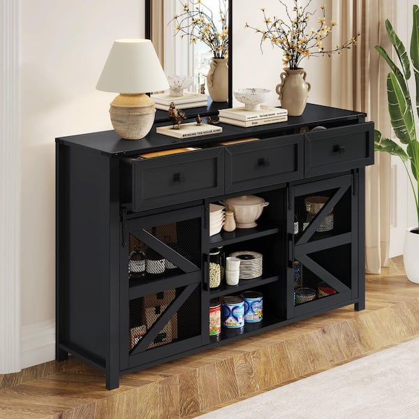 Black Particle Board 55 in. W Sideboard Buffet with Adjustable Shelves and 3-Drawers