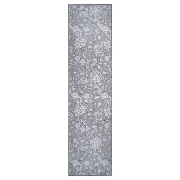 My Magic Carpet Kalini Grey 2.5 ft. x 10 ft.Washable Floral Runner Rug