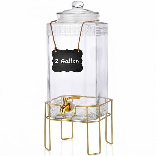 Beverage Serveware 2 Gal. Gold Glass Beverage Dispenser with Stainless Steel Spigot and Stand, Clear