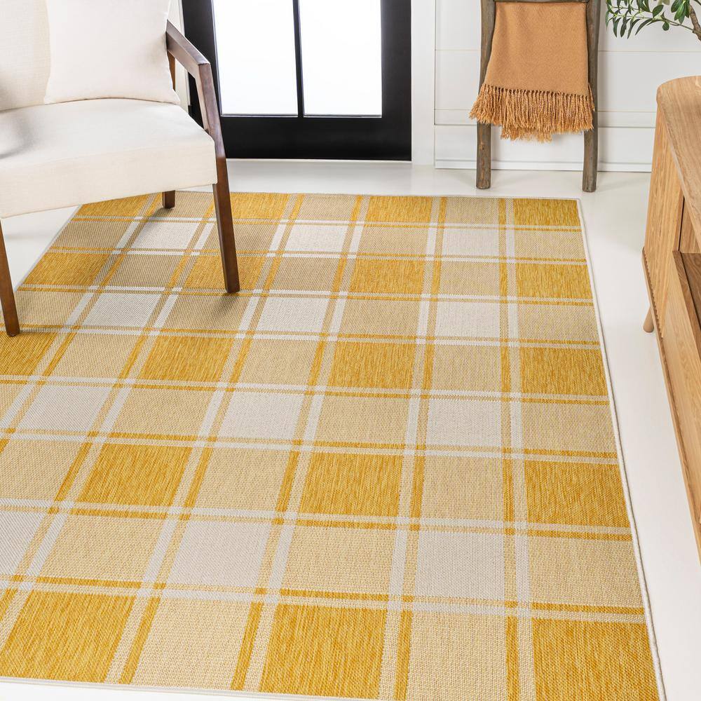 Sabine Bold Gingham Yellow and Cream 3 x 5 Synthetic Indoor/Outdoor Rug