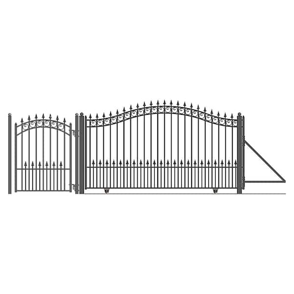 ALEKO 21 ft. x 6 ft. x 16 ft. Black Steel Single Sliding Driveway Gate Prague Style with Pedestrian Gate 5 ft. Fence Gate