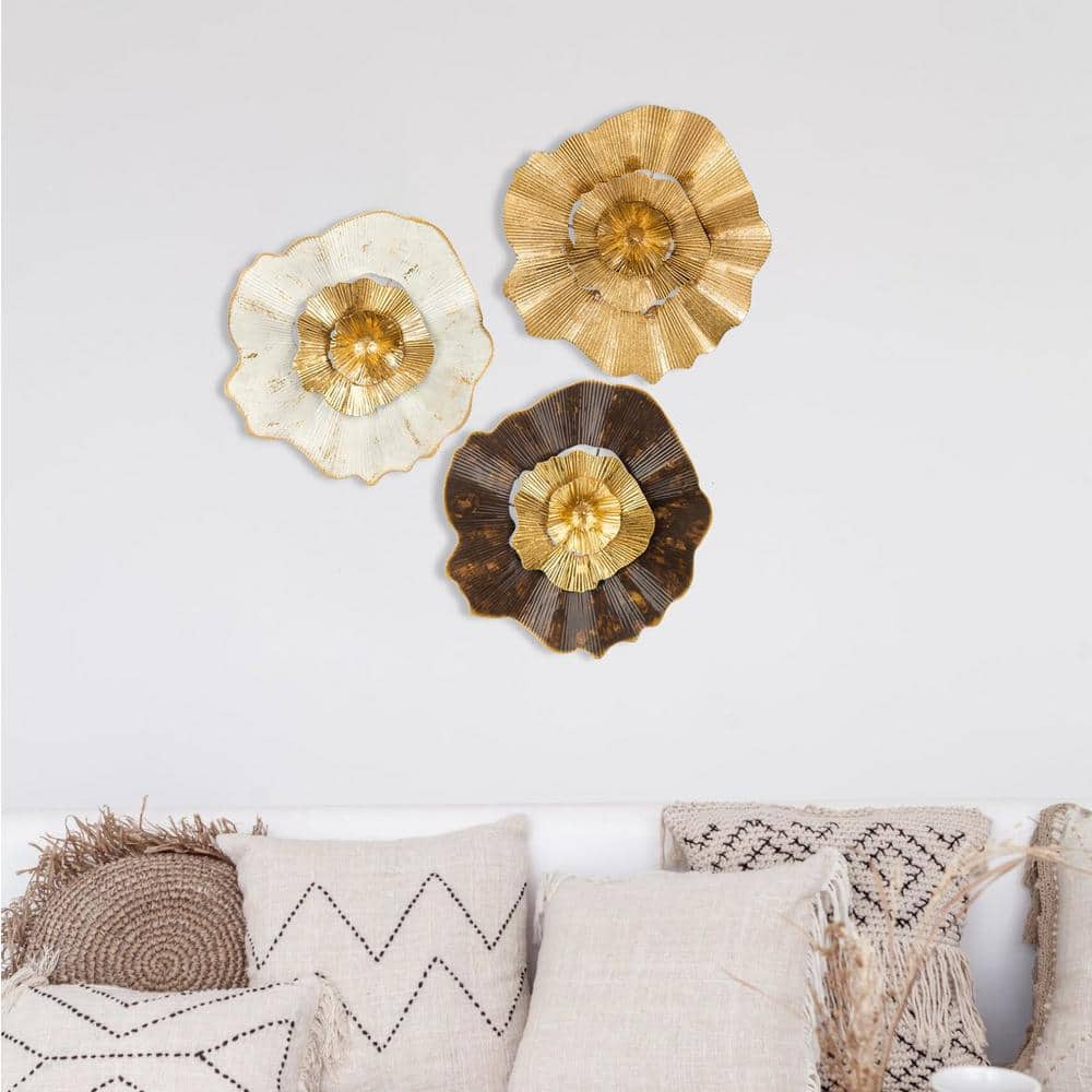 12" Gold and Multicolor Metal Flower Plate Wall Art Set