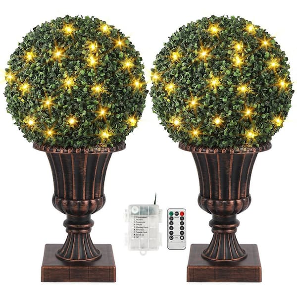 Unbranded 2Pack 2.25 ft. Artificial Boxwood Topiary Tree,16 in. Plant Topiary Ball Lights,Front Door Plants with Light Base,Red