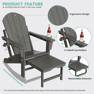 6-in-1 Multi-functional Gray Plastic Folding Rocing Adirondack Chair with Dual Cup Holders and Retractable Ottoman