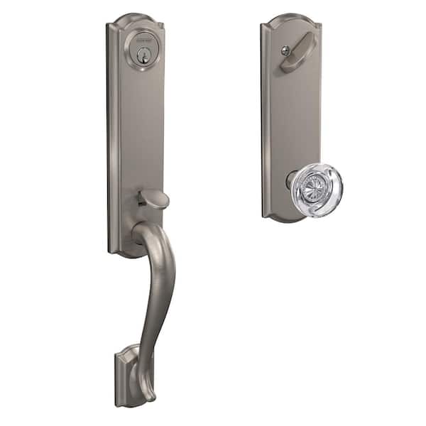 Schlage Custom Camelot Satin Nickel Single Cylinder 3/4 Trim Door Handleset with Hobson Glass Door Knob