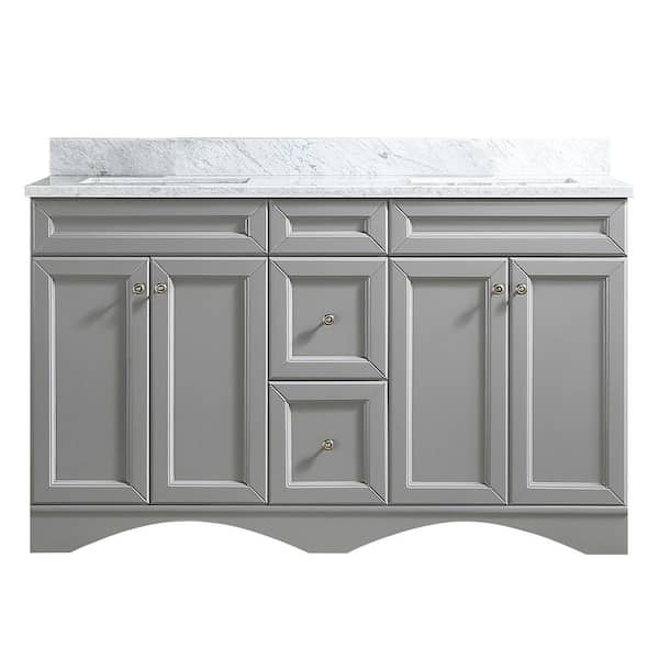 VANITYFUS Solid Wood 60 in. W x 22 in. D x 39.3 in. H Double Sink Bath Vanity in Modern Gray with Carrara White Natural Marble Top