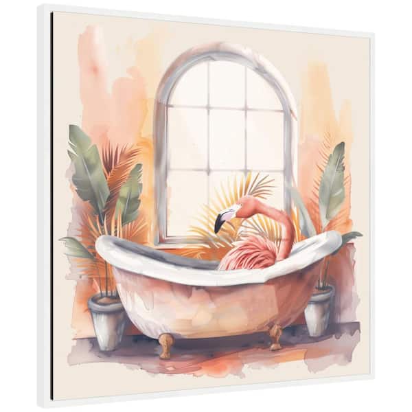 Kate and Laurel Sylvie Flamingo Bath Pastel Tropical Bathroom by the Creative Bunch Studio Framed Art Print 30 in. x 30 in.