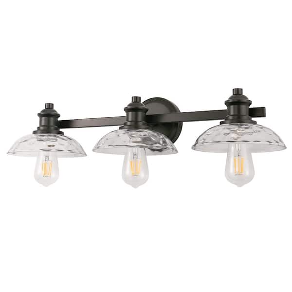 YANSUN 25 in. 3-Light Industrial Black Vanity Light with Clear Hammered Glass - Wall Sconce for Bathroom, Mirror, and Hallway