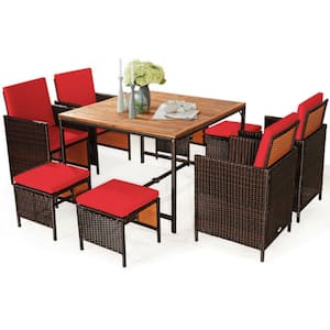 9-Piece Wicker Outdoor Dining Set Patio Rattan Chairs Set with Red Cushions and Acacia Wood Tabletop
