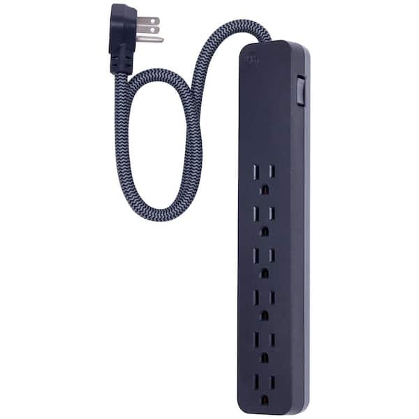GE 6-Outlet Surge Protector with 2 ft. Braided Extension Cord, Black and Gray