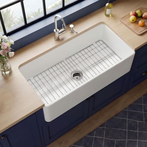 Farmhouse Series 36 in. Apron Front Kitchen Sink Single Bowl White Fireclay Sink with Bottom Grids and Drain Barn Sink