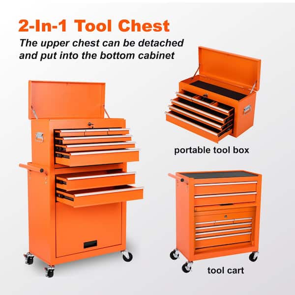 8-Drawer Orange Rolling Tool Storage Cabinet Lockable Tool Chest with Detachable Top Tool Box and Lockable Wheels