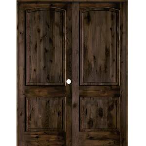 56 in. x 96 in. Rustic Knotty Alder 2-Panel Left Handed Black Stain Wood Double Prehung Interior Door with Arch-Top