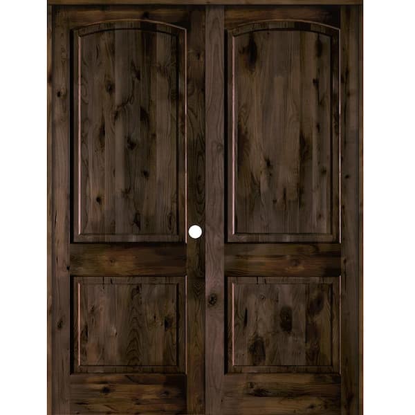 56 in. x 96 in. Rustic Knotty Alder 2-Panel Left Handed Black Stain Wood Double Prehung Interior Door with Arch-Top