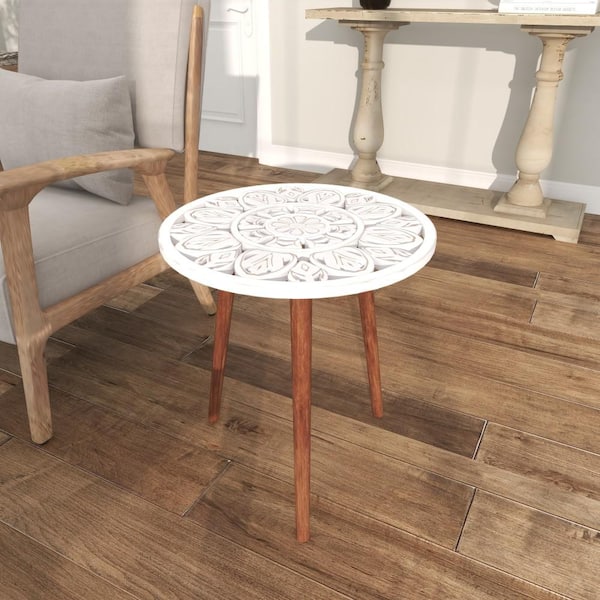 Litton Lane 19 in. White Handmade Intricately Carved Floral Large Round Wood End Accent Table with 3 Slender Legs