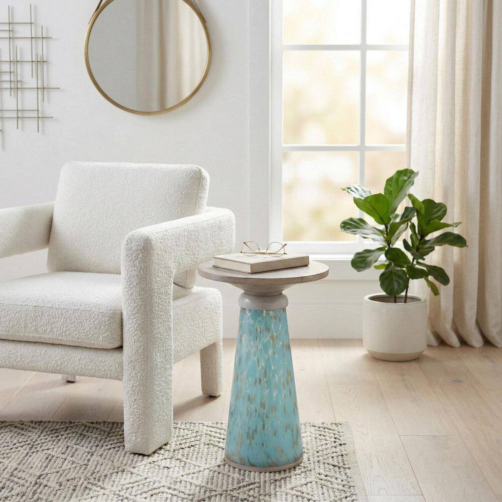 12 in. Blue Round Marble Top Art Tapered Base End Table