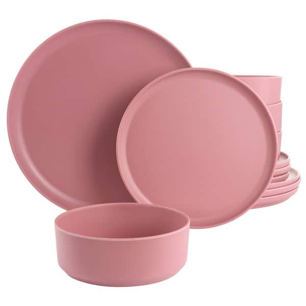 Canyon Crest 12 Piece Round Melamine Dinnerware Set in Pink